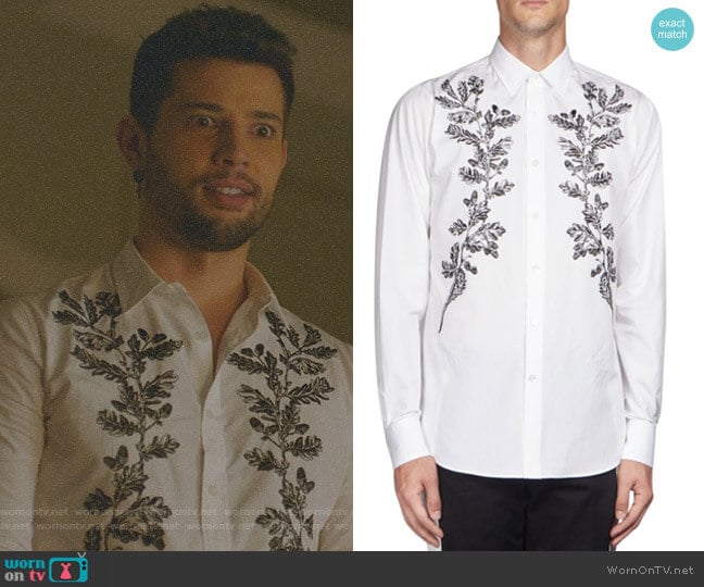 Embroidered Leaves Button-Down Shirt by Alexander McQueen worn by Sam Flores (Rafael de la Fuente) on Dynasty