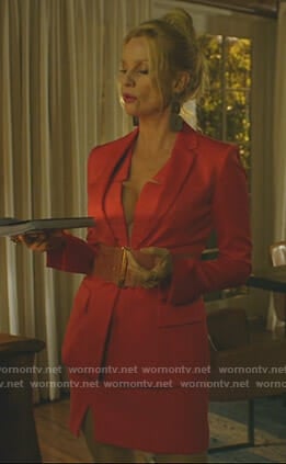 Alexis's red v-neck dress and belted jacket on Dynasty