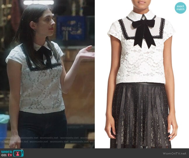 Vanetta Pintuck Bib Lace Shirt with Velvet Bowtie by Alice + Olivia worn by Alexis Gleen (Niki Koss) on Famous in Love