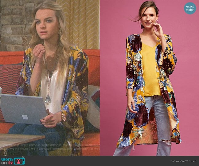 Aurelia Velvet Floral Kimono by Anthropologie worn by Claire Brady (Olivia Keegan) on Days of our Lives