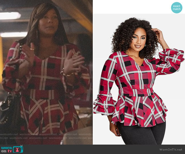 Plaid Ruffle Sleeve Blouse by Ashley Stewart worn by Carlotta Brown (Queen Latifah) on Star