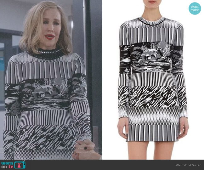 Mixedpattern Jacquard Knit Dress by Balenciaga worn by Moira Rose (Catherine O'Hara) on Schitts Creek