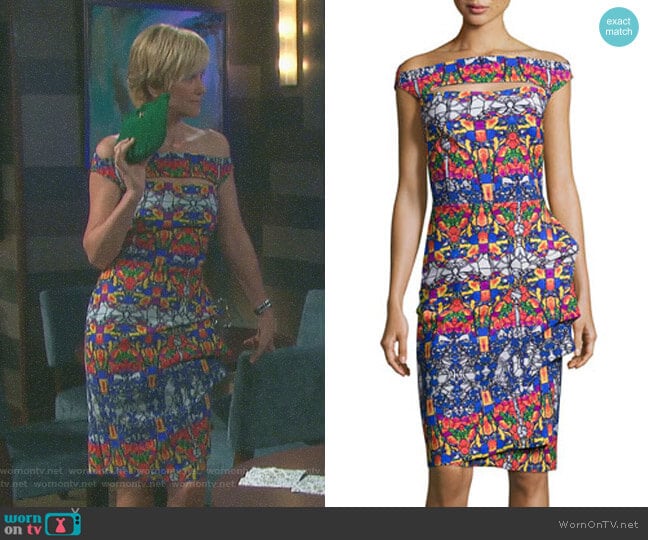 Off-the-Shoulder Printed Cutout Cocktail Dress by Chiara Boni La Petite Robe worn by Eve Donovan (Kassie DePaiva) on Days of our Lives