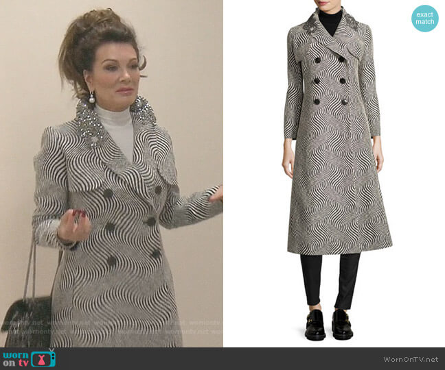 Optic Jacquard Double-Breasted Dress Coat with Embellished Collar by Creatures Of The Wind worn by Lisa Vanderpump  on The Real Housewives of Beverly Hills