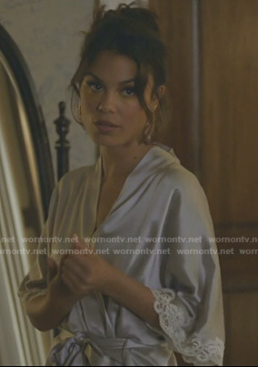 Cristal’s silver short robe with lace trim on Dynasty