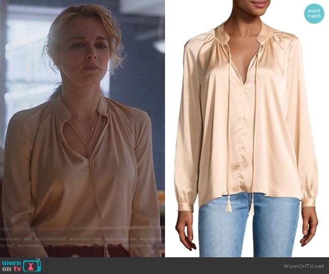 Nehru Long-Sleeve Satin Blouse by Derek Lam 10 Crosby worn by Lizzie Needham (Bojana Novakovic) on Instinct