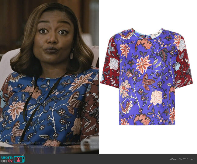 Floral-printed silk shirt by Diane von Furstenberg worn by Daisy Grant (Patina Miller) on Madam Secretary