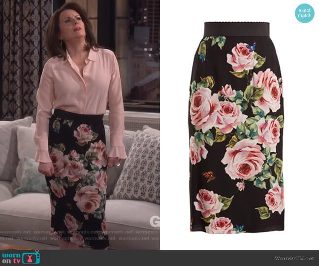 Rose-print stretch-silk skirt by Dolce & Gabbana worn by Karen Walker (Megan Mullally) on Will and Grace