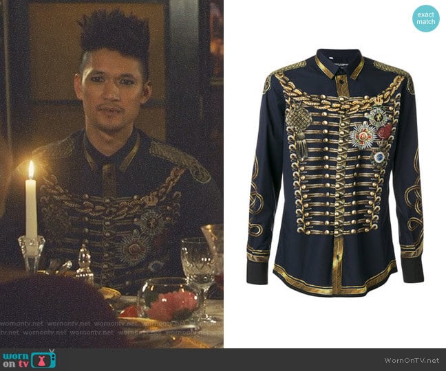 Military Jacket Print Shirt by Dolce & Gabbana worn by Magnus Bane (Harry Shum Jr.) on Shadowhunters