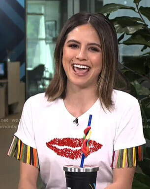 Erin’s white lip print tee with fringe sleeves on Live from E!