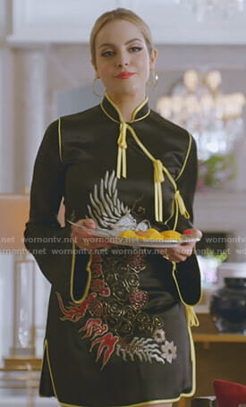 Fallon's black embroidered dragon mini dress on Dynasty