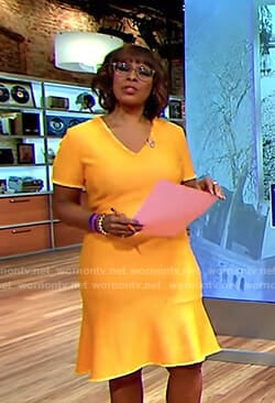 Gayle’s orange v-neck dress on CBS This Morning