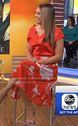 Ginger’s red v-neck top and floral skirt on Good Morning America
