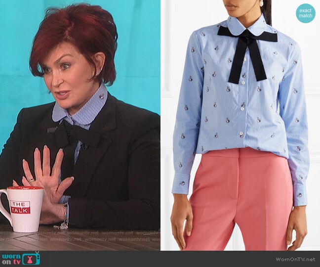 Bow-embellished embroidered striped cotton shirt by Gucci worn by Sharon Osbourne on The Talk