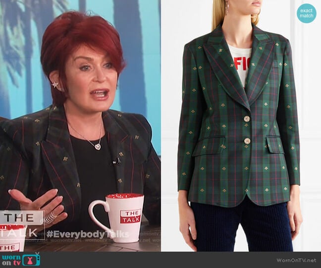 Embroidered checked wool blazer by Gucci worn by Sharon Osbourne on The Talk