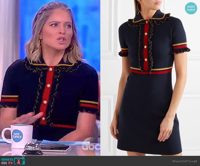 Faux pearl-embellished ruffled wool-blend mini dress by Gucci worn by Sara Haines on The View