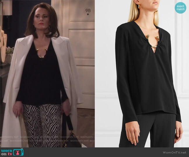 Janelle Embellished Crepe Top by Haney worn by Karen Walker (Megan Mullally) on Will and Grace