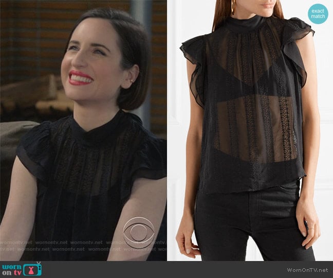 Heddy embroidered silk-georgette top by Ulla Johnson worn by Jennifer Short (Zoe Lister-Jones) on Life in Pieces