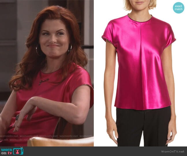 Zipper Detail Lacquered Silk Top by Helmut Lang worn by Grace Adler (Debra Messing) on Will and Grace