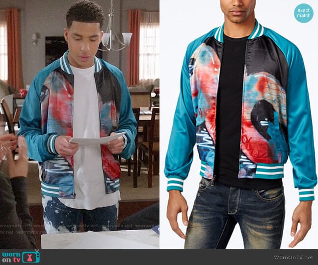 Hypnotize Biggie Graffiti Bomber Jacket  worn by Andre Johnson Jr (Marcus Scribner) on Black-ish