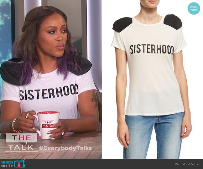 Sisterhood Bow-Shoulder T-Shirt by Johanna Ortiz worn by Eve on The Talk