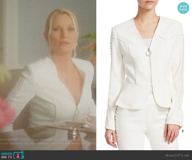 Crepe Peplum Blazer by Jonathan Simkhai worn by Alexis Carrington (Elaine Hendrix) on Dynasty