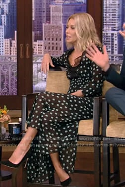Kelly's black printed lace trimmed midi dress on Live with Kelly and Ryan