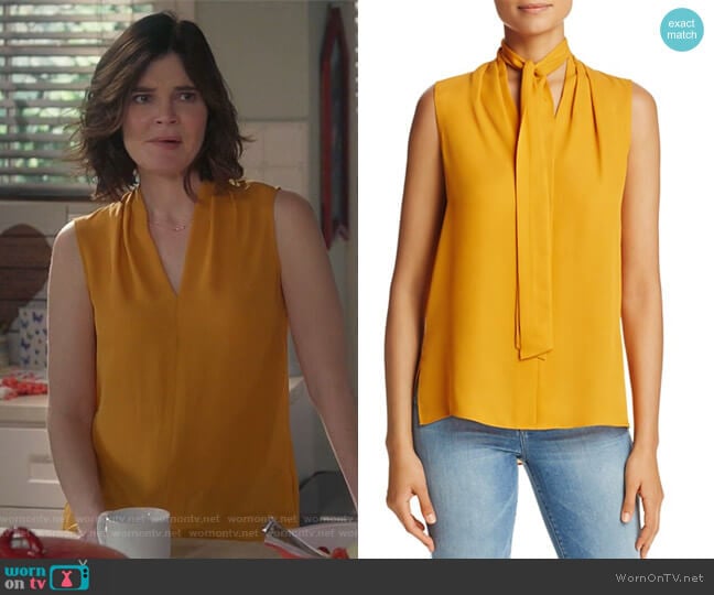 Tie Neck Sleeveless Silk Blouse by Kobi Halperin worn by Heather Hughes (Betsy Brandt) on Life in Pieces