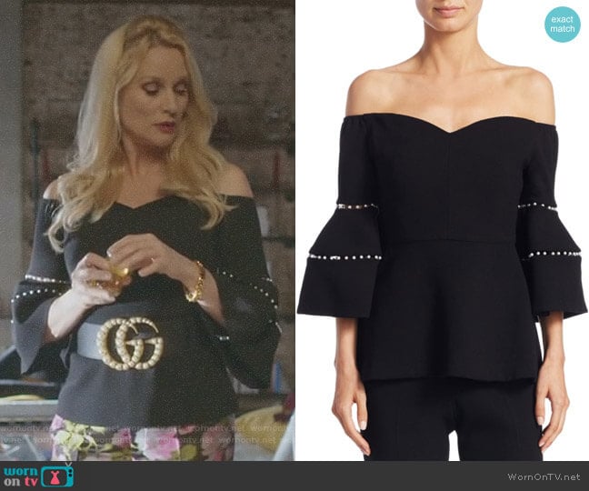 Off-The-Shoulder Bell-Sleeve Top by Lela Rose worn by Alexis Carrington (Elaine Hendrix) on Dynasty