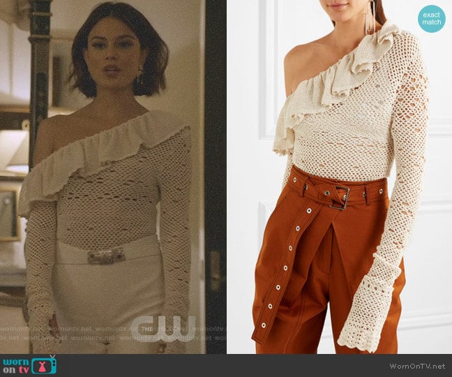 'Natal' One-Shoulder Ruffled Crocheted Bodysuit by Magda Butrym worn by Cristal Flores (Nathalie Kelley) on Dynasty