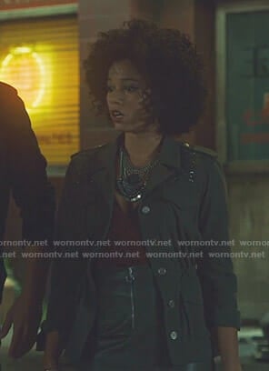 Maia's brown flutter sleeve blouse and zip front mini skirt on Shadowhunters