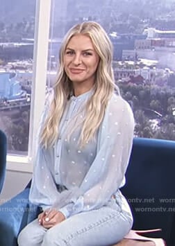 Morgan’s blue embellished sheer blouse on E! News Daily Pop