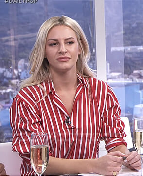 Morgan’s red and white striped shirt on E! news Daily Pop
