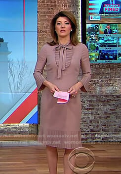 Norah’s pink pleated tie neck dress on CBS This Morning