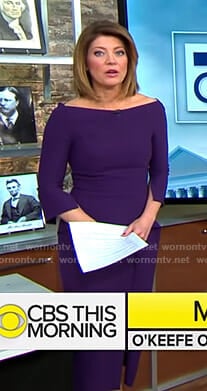 Norah’s purple peplum dress on CBS This Morning