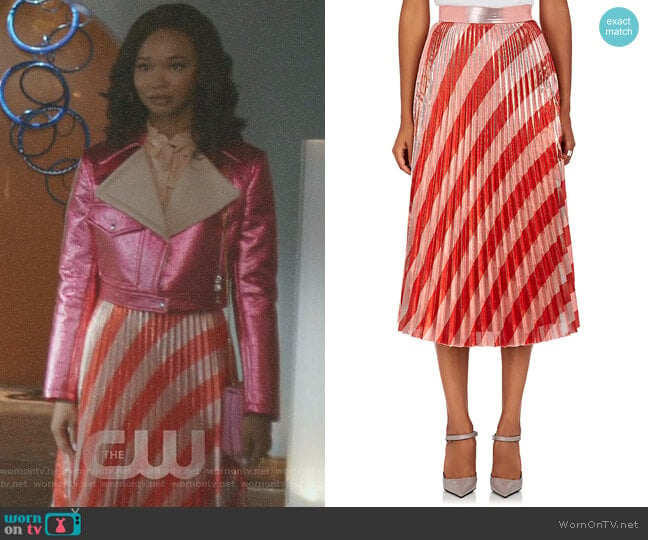 Pleated Striped Lame Midi-Skirt by Off-White c/o Virgil Abloh worn by Monica Colby (Wakeema Hollis) on Dynasty