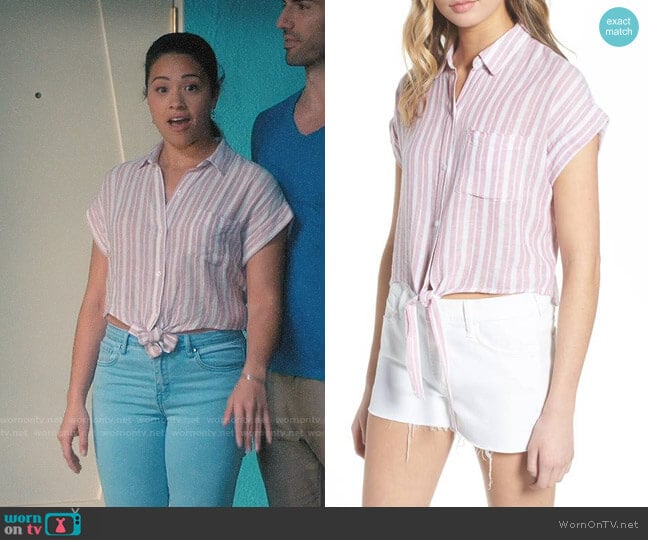 Rails Amelie Shirt in Bordeaux Stripe worn by Jane Villanueva (Gina Rodriguez) on Jane the Virgin