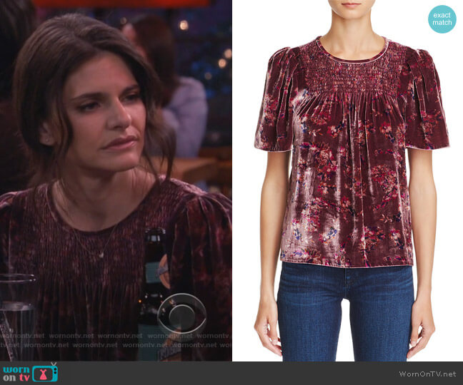 Jewel Floral Print Velvet Top by Rebecca Taylor worn by Leslie Curry (Lindsey Kraft) on Living Biblically