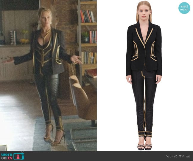 Jacket in Stretch Viscose Cady and Zipper Cuff Pant by Roberto Cavalli worn by Alexis Carrington (Elaine Hendrix) on Dynasty