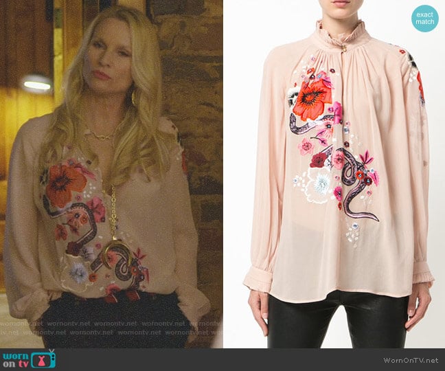 Embroidered floral top by Roberto Cavalli worn by Alexis Carrington (Elaine Hendrix) on Dynasty