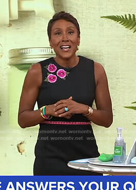 Robin’s black floral embroidered sleeveless dress on Good Morning America