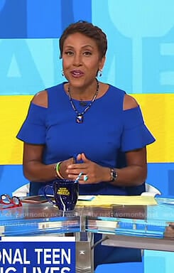 Robin’s blue cold-shoulder dress with ruffled sleeves on Good Morning America