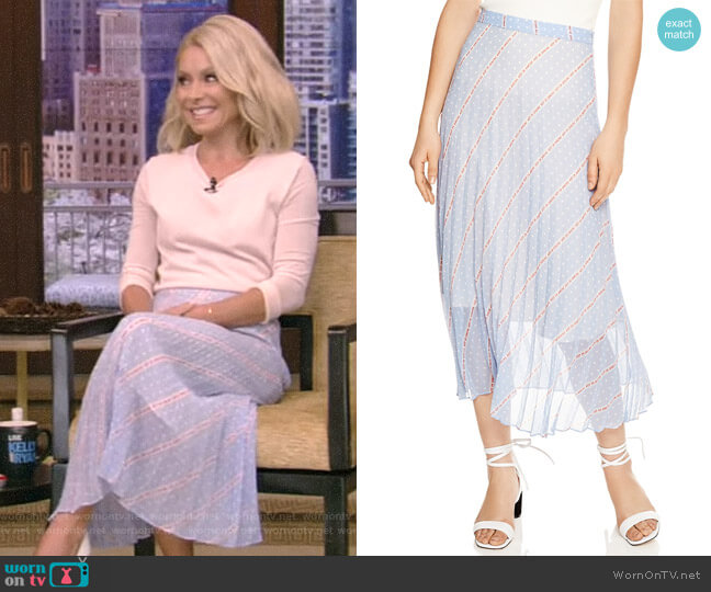 'Eode' Sheer-Detail Graphic Midi Skirt by Sandro worn by Kelly Ripa on Live with Kelly and Mark