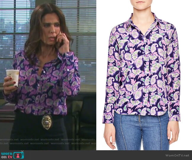 Meg Paisley Print Silk Shirt by Sandro worn by Hope Williams (Kristian Alfonso) on Days of our Lives