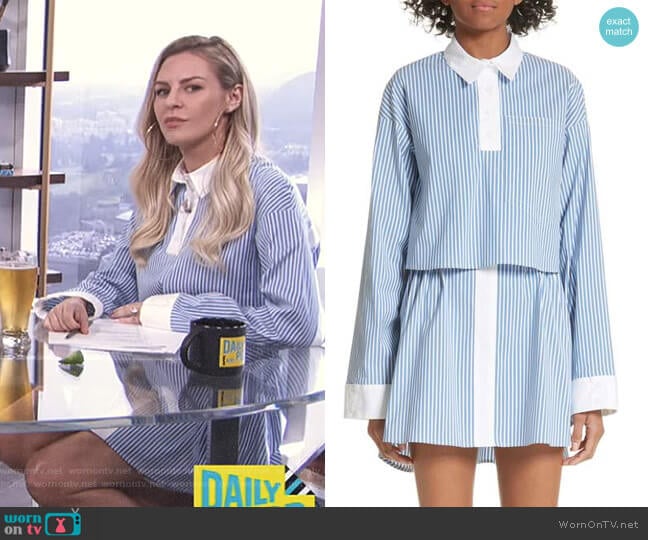 WornOnTV: Morgan’s blue striped overlay dress on E! News Daily Pop ...