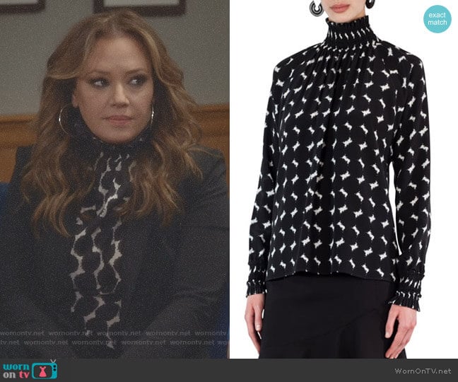 Smocked Punto Dot Lace Silk Blouse by Akris Punto worn by Vanessa Cellucci (Leah Remini) on Kevin Can Wait