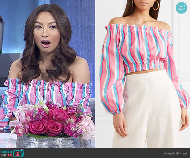 Fair off-the-shoulder striped stretch-cotton poplin top by Staud worn by Jeannie Mai on The Real