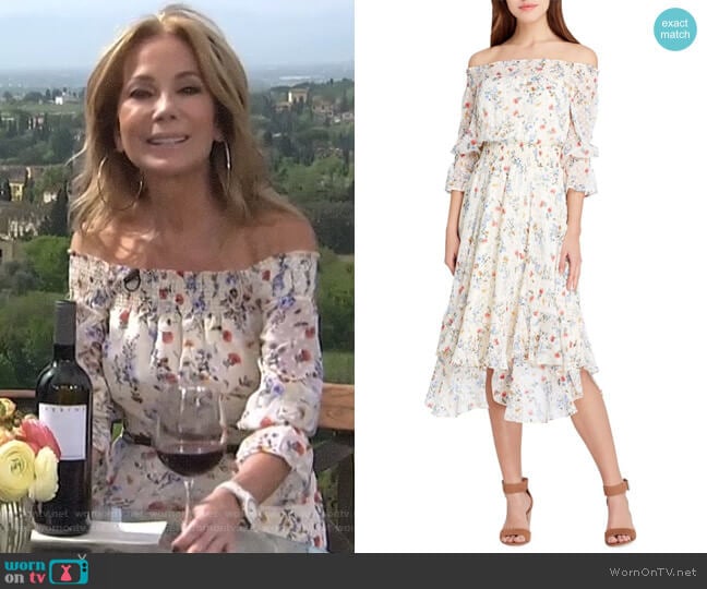 Off-the-Shoulder Floral Ruffle Dress by Tahari ASL worn by Kathie Lee Gifford on Today