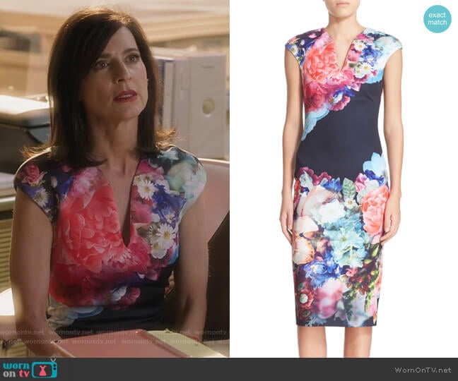 Brynee Floral Print Neoprene Sheath Dress by Ted Baker worn by Nina Devon (Perrey Reeves) on Famous in Love