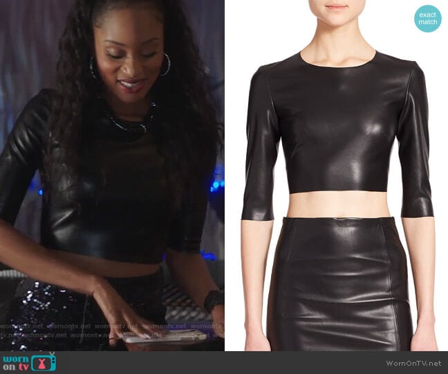 Faux Leather Cropped Top by The Kooples worn by Tangey Turner (Pepi Sonuga) on Famous in Love